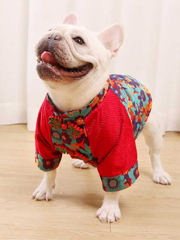 GMTPET French Dou Clothes Year Clothes Auspicious Cloud Pattern Brocade Raglan Sleeves Quilted Thick Red cheongsam dog clothes 107-222008