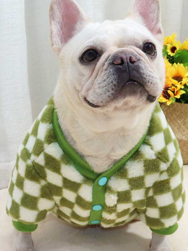 GMTPET Green and white checkerboard fat dog bulldog pug dog French fighting winter clothes plus velvet thick cardigan plush sweater 107-222039 gmtpet.com